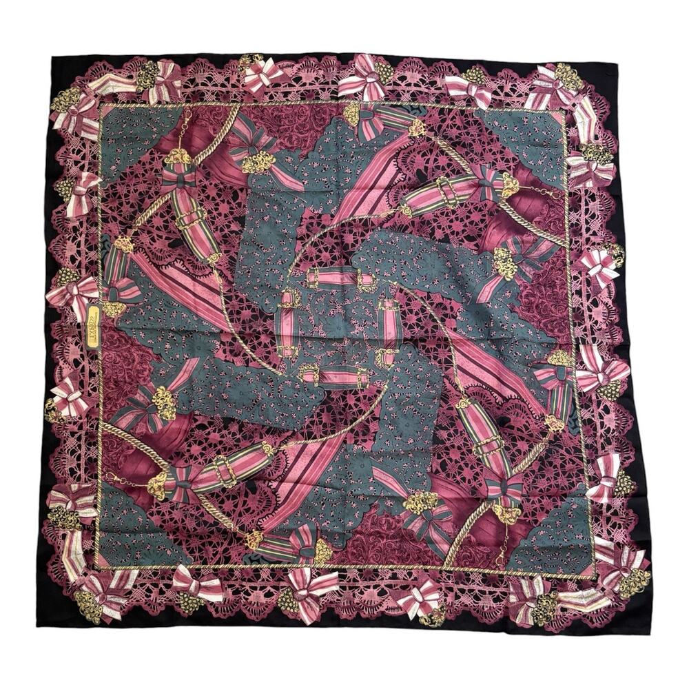 1980s EXPRESS Compagnie Internationale Silk Scarf Pink Black 33” Square Vintage